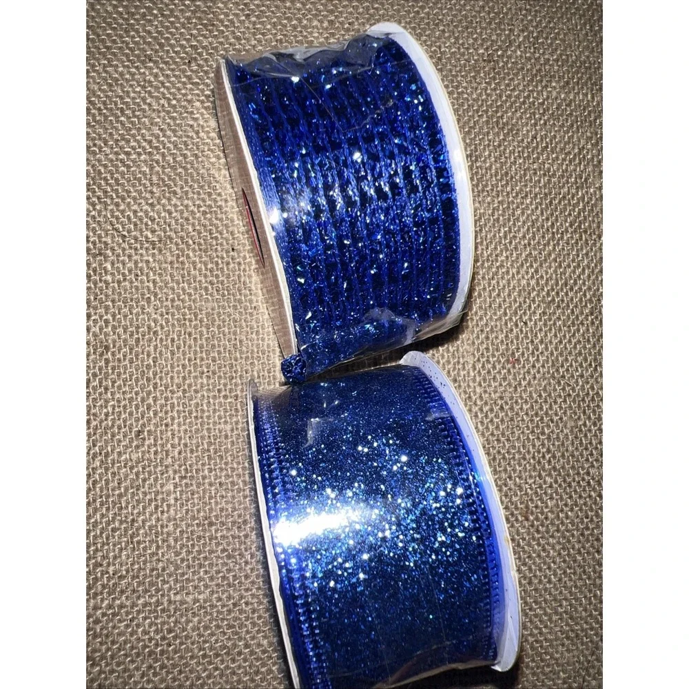 Holiday Time Dark Blue Wire Edged Ribbon 1.5in x 15ft 2 Rolls Metallic Blue RB06